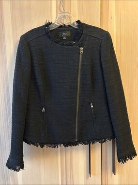 J.Crew Black Tweed Motorcycle Moto Jacket Fringe Size 8
